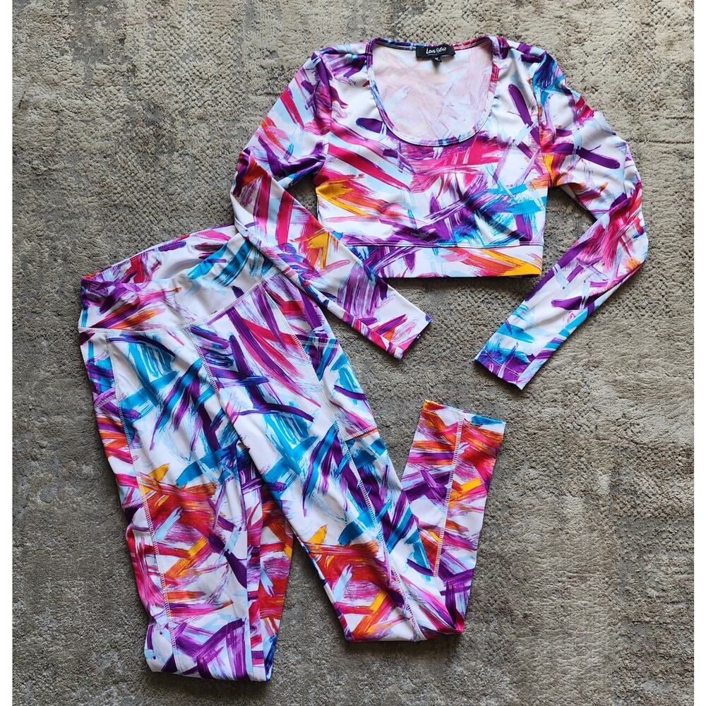 Love Star Medium Top And Leggings Workout Set High Waist Abstract Multicolor Gym